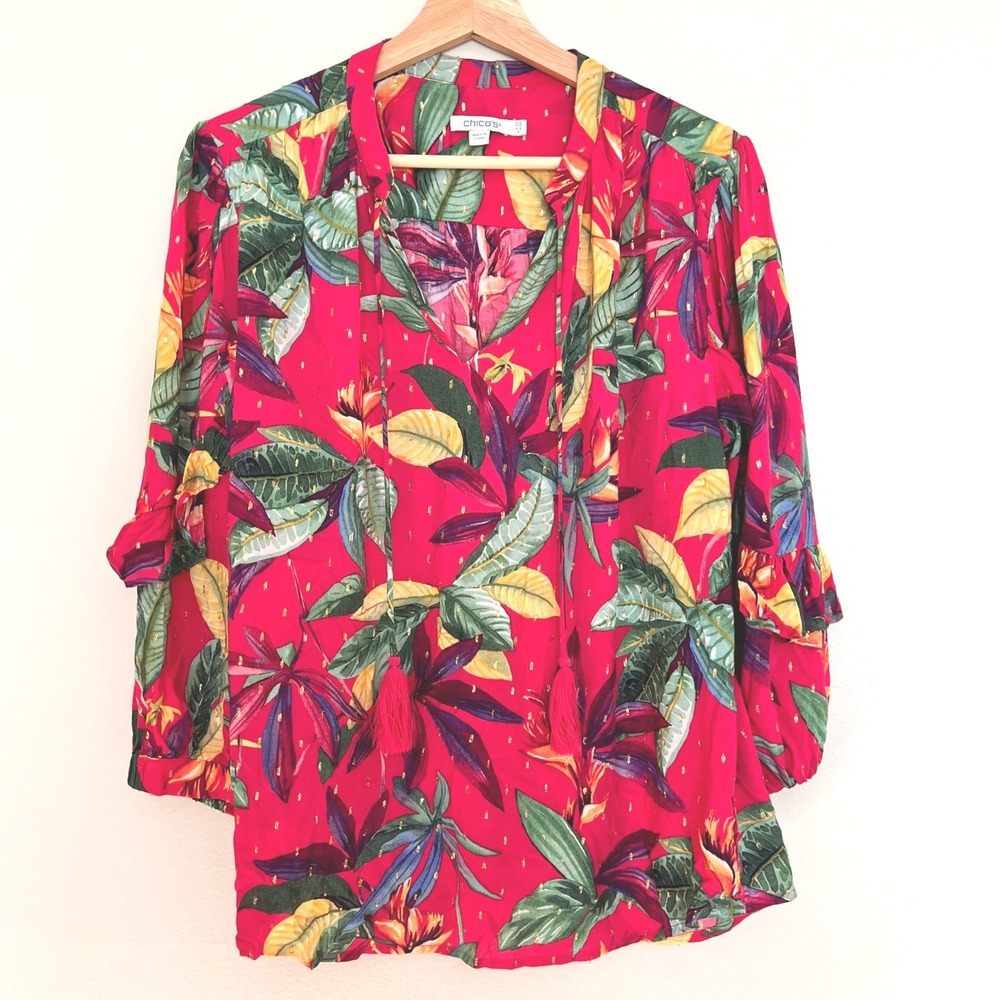Chicos Dark Pink Tropical Floral Tassel Blouse Gold Metallic Fil Coupe Size 0.5